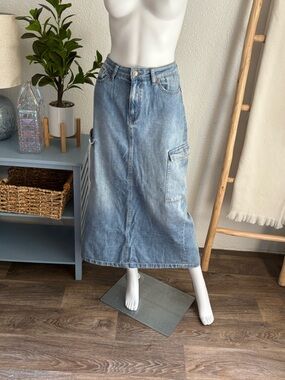 Light Blue Denim Maxi Skirt with Utility Pocket